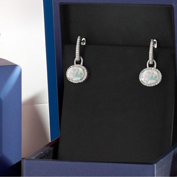 925 Sterling Silver with 2.04 Cttw White Opal Oval Dangling French Lock Earrings - Picture 4 of 5